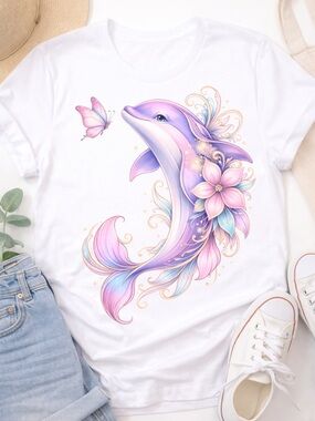 Pastel Purple Dolphin Floral Graphic Tee